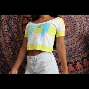 Yellow and white striped "77" crop top